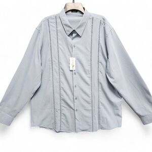 COOFANDY Cuban Guayabera‎ Shirt Mens 2XL Blue Long Sleeve Knit Trim NEW w/ Tag